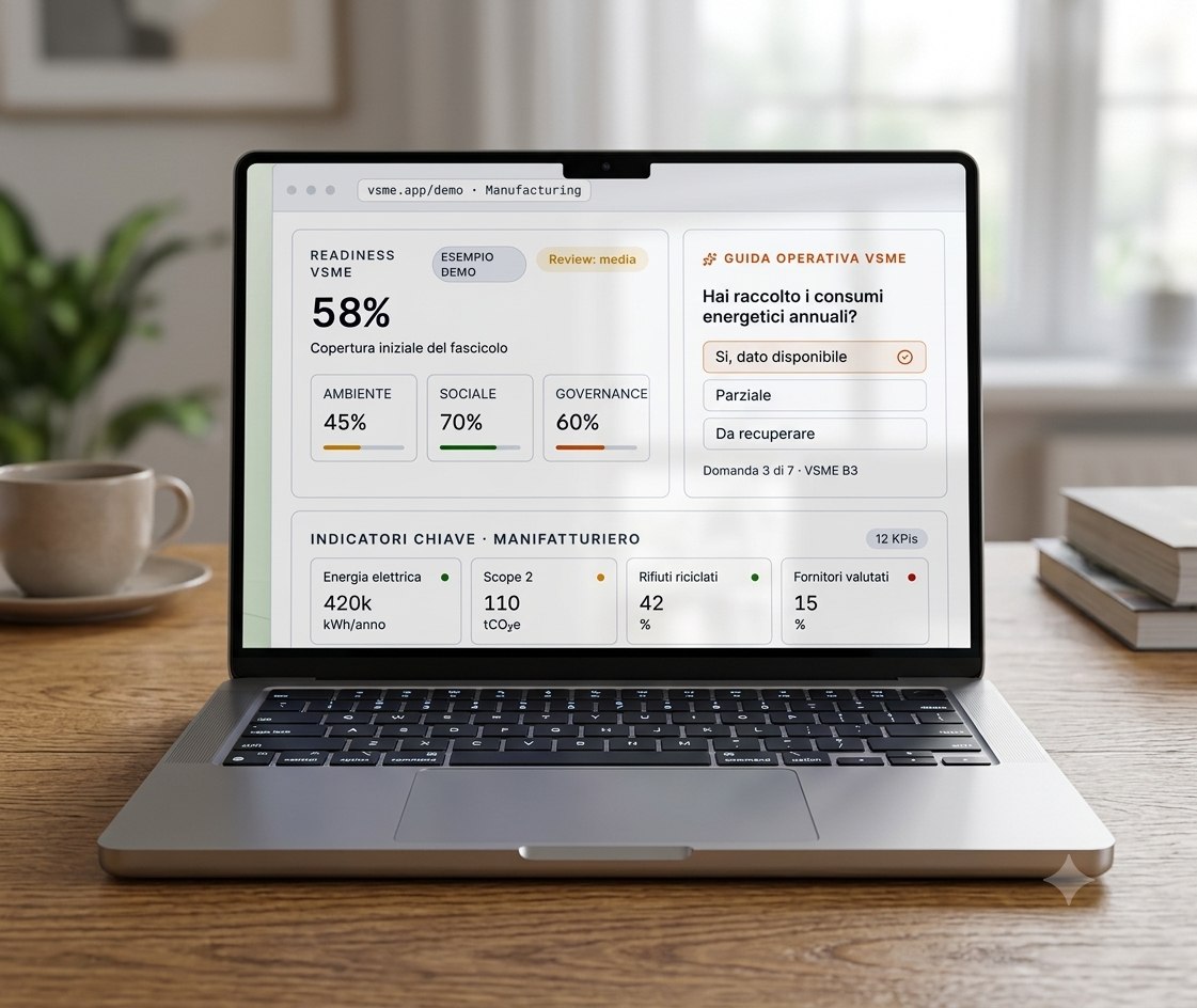 Dashboard demo di VSME-PRO su un laptop: readiness VSME, copertura Ambiente/Sociale/Governance e indicatori chiave — esempio illustrativo
