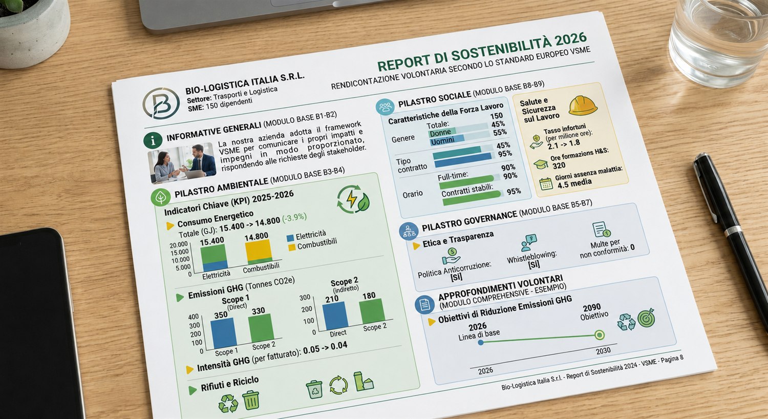 Esempio di report di sostenibilità VSME con pilastri ambientale, sociale e governance